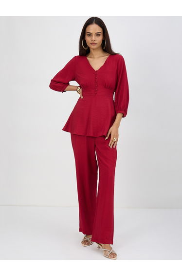 Women Cranberry Corset Detail Top with Trousers Co-Ords