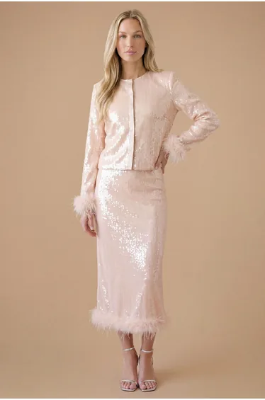 Hen Sequin Feather Trim Midi Skirt