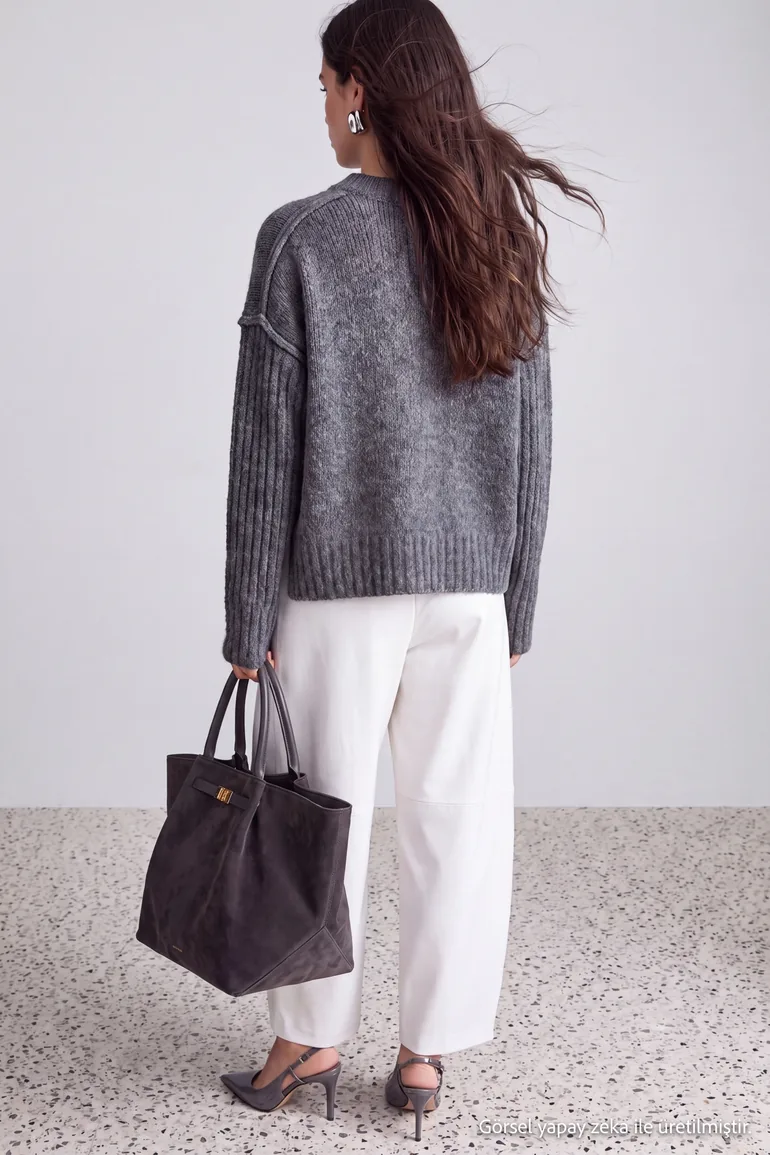 Anthracite Soft Textured Wool Wide Fit Knitwear Sweater - 1