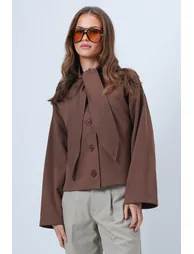 Women's Brown Scarf Detailed Buttoned Jacket - 4
