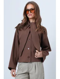 Women's Brown Scarf Detailed Buttoned Jacket - 2