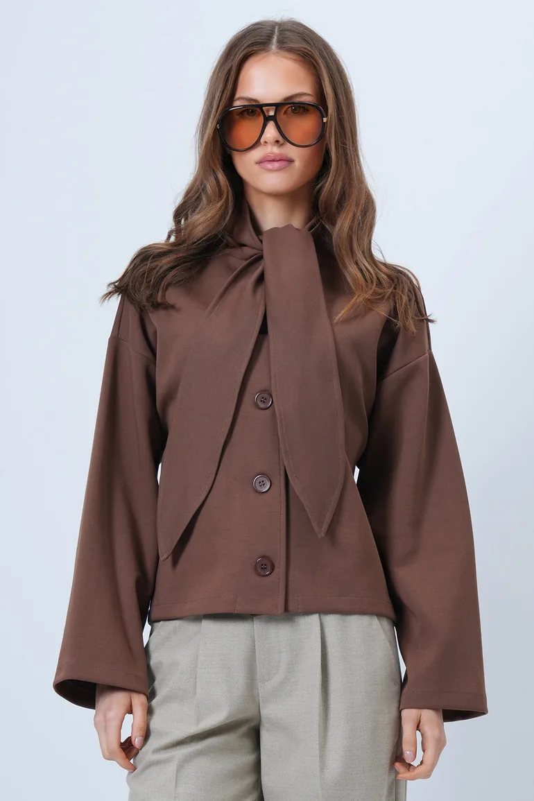 Women's Brown Scarf Detailed Buttoned Jacket - 3