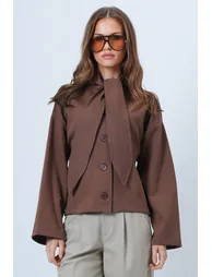 Women's Brown Scarf Detailed Buttoned Jacket - 3