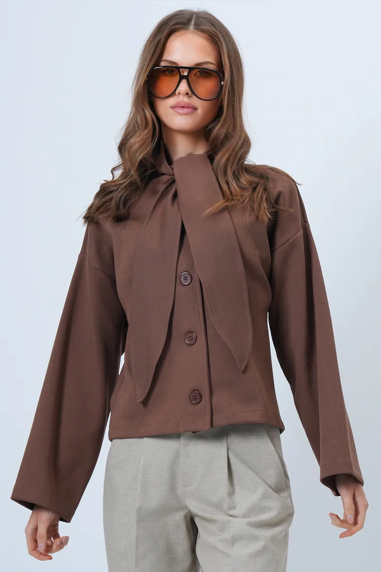 Women's Brown Scarf Detailed Buttoned Jacket - 1