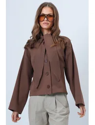 Women's Brown Scarf Detailed Buttoned Jacket - 1