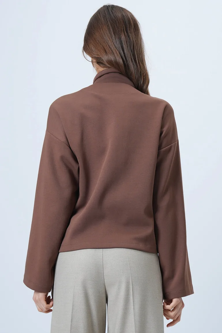 Women's Brown Scarf Detailed Buttoned Jacket - 5