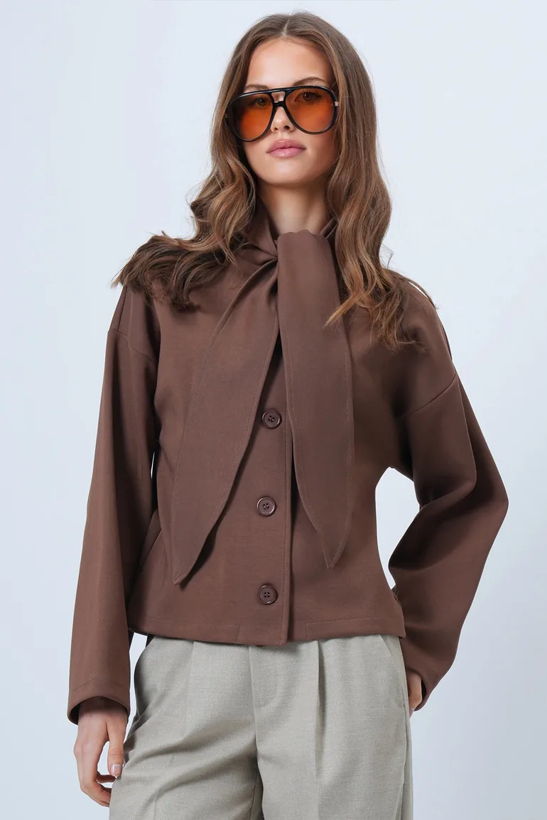 Women's Brown Scarf Detailed Buttoned Jacket