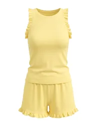 Yellow 100% Cotton Frilly Shorts Knitted Pajamas Set - 4