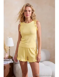 Yellow 100% Cotton Frilly Shorts Knitted Pajamas Set