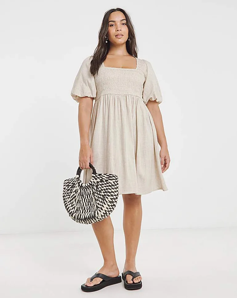 shirred skater dress ASOS DESIGN Curve square neck shirred raw edge midi skater dress in white