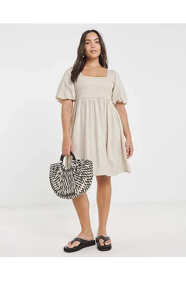 Natural Shirred Linen Skater Dress