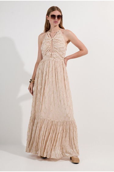 Viscose Metallic Georgette Halter Woven Maxi Dress