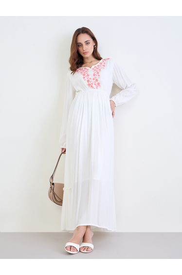 Women White Embroidered Long Sleeves A-Line Maxi Dress