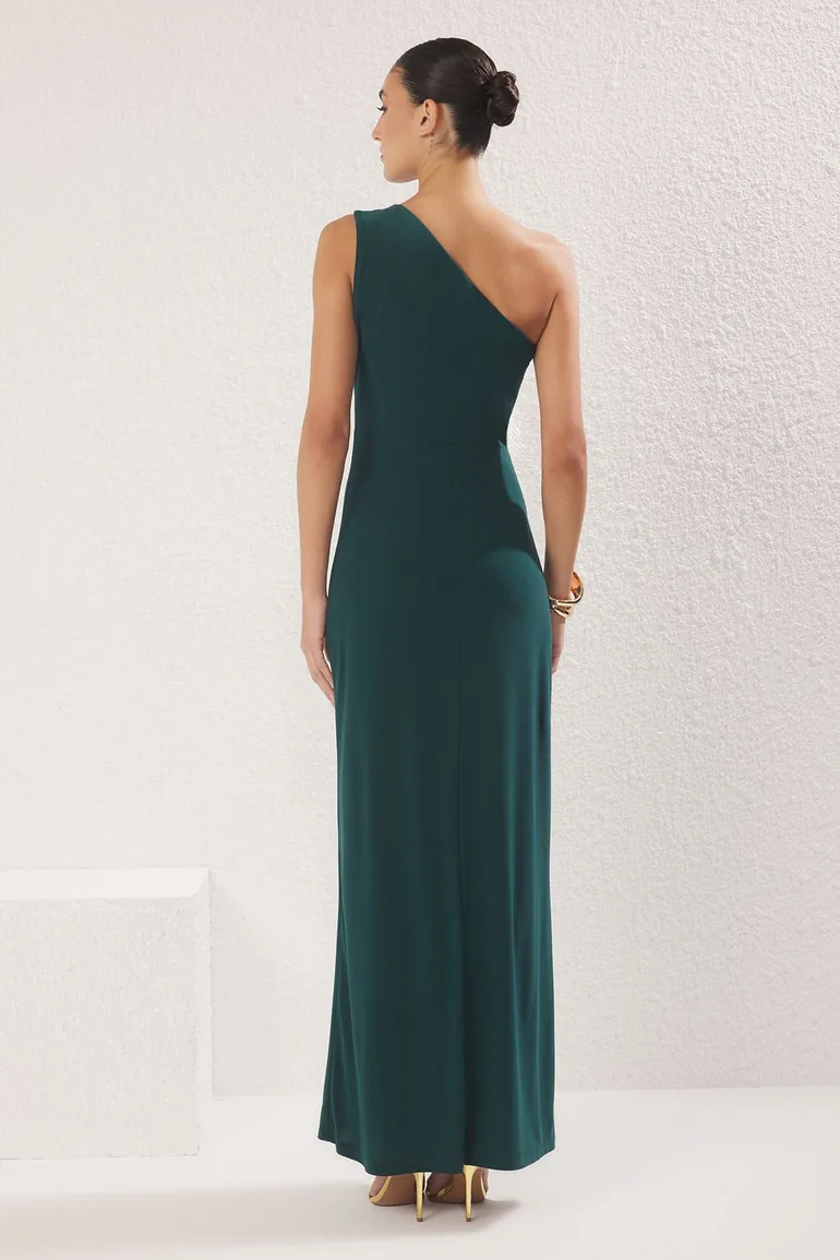 Emerald Green Body-fitting Accessory Detailed Knitted Long Evening Night Graduation Dress - 3