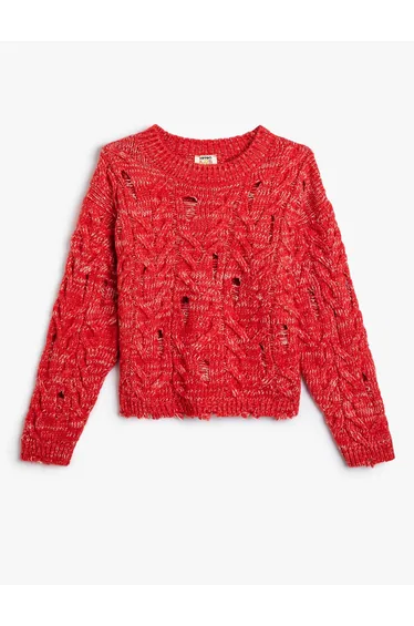 سويتر مخرم قصير بياقة دائرية بأكمام طويلة 