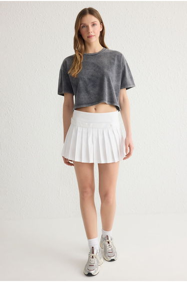 Premium Anthracite Washed 100% Cotton Crop Knit T-Shirt