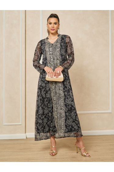 Printed V-Neck Embroidered A-Line Jalabayia