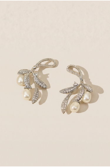 Crystal Feather Pearl Dangle Earrings