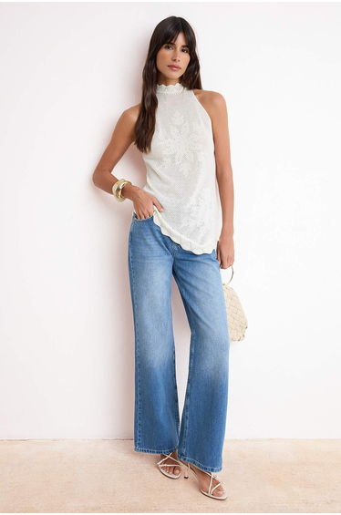 Ecru Lace-Like Knit Halter Neck Knitwear Slim Blouse