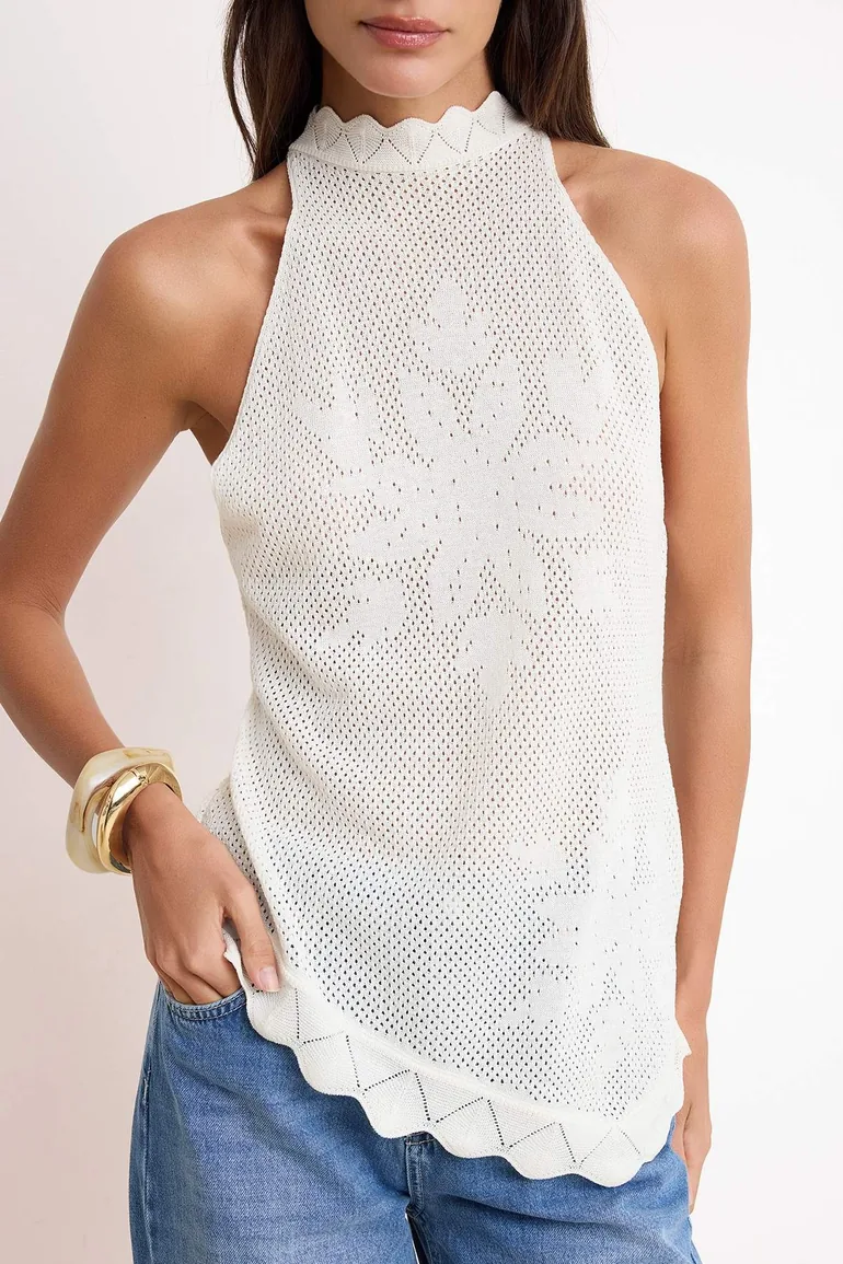 Ecru Lace-Like Knit Halter Neck Knitwear Slim Blouse - 4