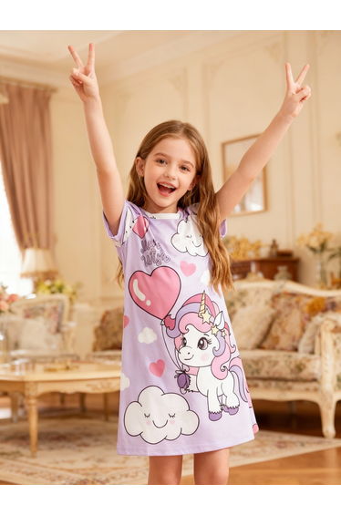 Girls Graphic Print Round Neck Nightdress