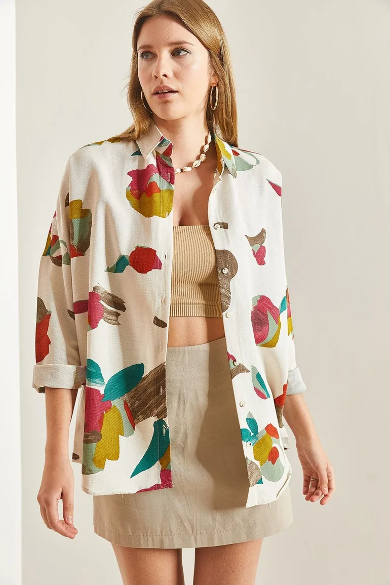 Women's Patterned Linen Shirt - 3