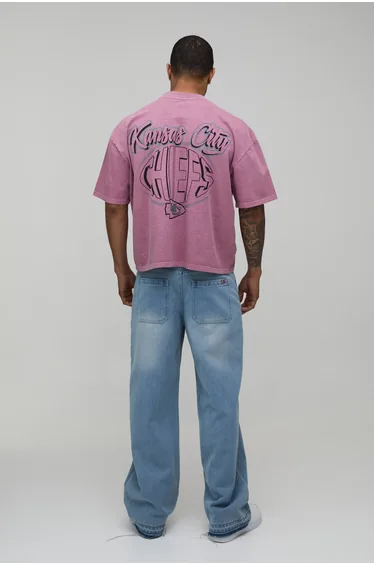 Oversized Boxy NFL Kansas City Washed License Printed T-Shirt - burgundy