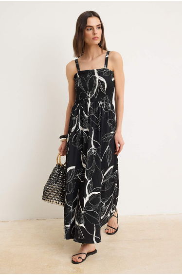 Black Floral A-Line/A Bell Form Square Neck Thick Strap Sleeveless Midi Textured Knitted Dress