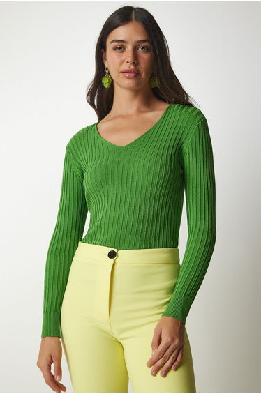 Women's Light Green V-Neck Ribbed Basic Blouse