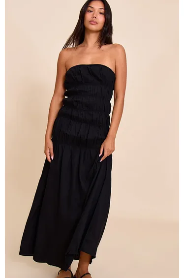 Black Bandeau Ruched Detail Maxi Dress