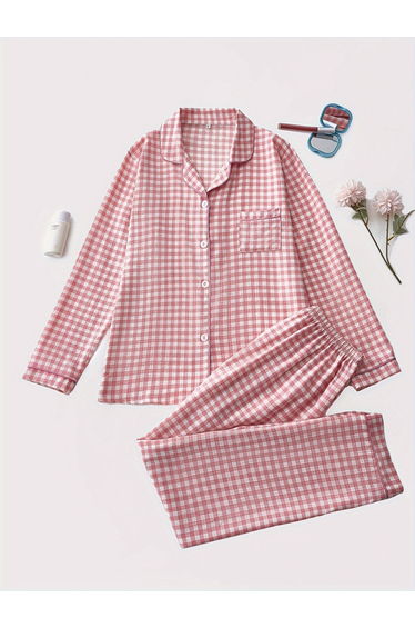 Women Pink Checkered Long Sleeve Shirt and Pyjama Set