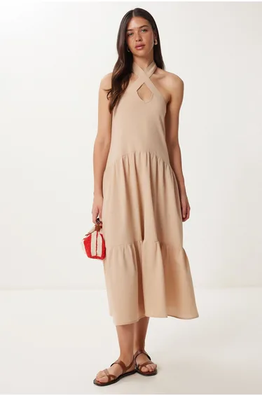 فستان هابينس إسطنبول بيج  بياقة هالتر