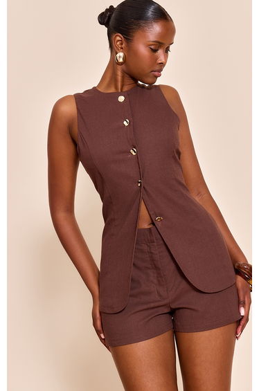 Dark Brown Textured Gold Button Trim Waistcoat