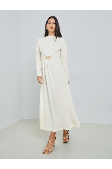 Cream Chain Link Detail High Neck Maxi Dress