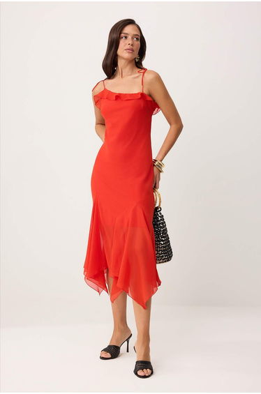 Pomegranate Flower Abstract Woven Chiffon Midi Lined Party Dress