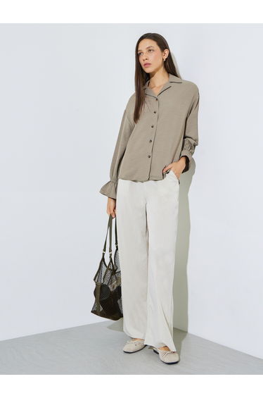 Khaki Button-Down Shirt with Frill Cuffs