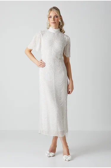 Draped Bearl And Beaded Fringe Angel Sleeve Wedding Dress