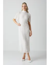 Draped Bearl And Beaded Fringe Angel Sleeve Wedding Dress