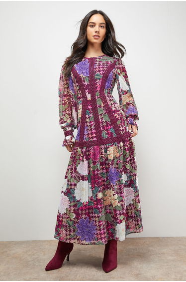 Lace Detail Balloon Sleeve Drop Hem Midi Dress