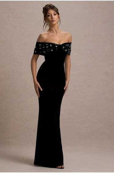 West End | Black Velvet Embellished Bardot Dress