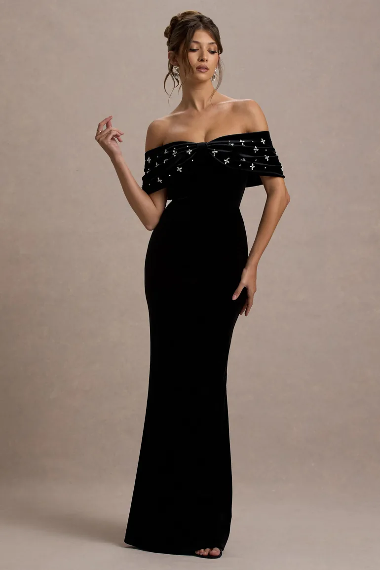 West End | Black Velvet Embellished Bardot Dress - 3