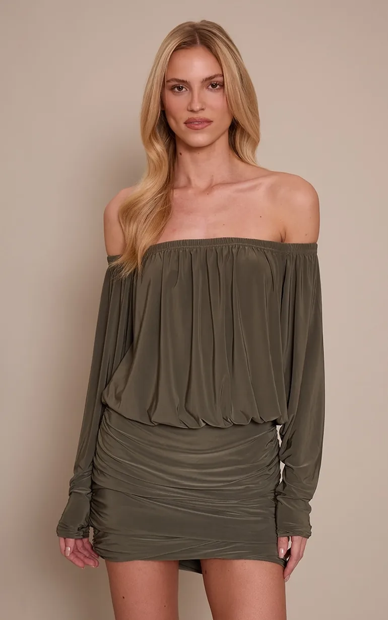 bardot layered mini dress Kaiia - Slinky Bardot Skater Mini Dress - Women - Polyester/Spandex