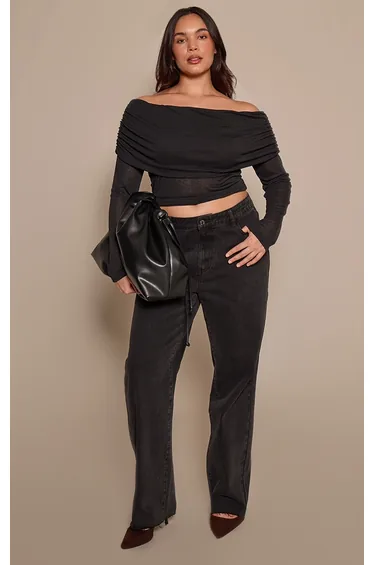 Plus Washed Black Mid Rise Stretch Barrel Jeans