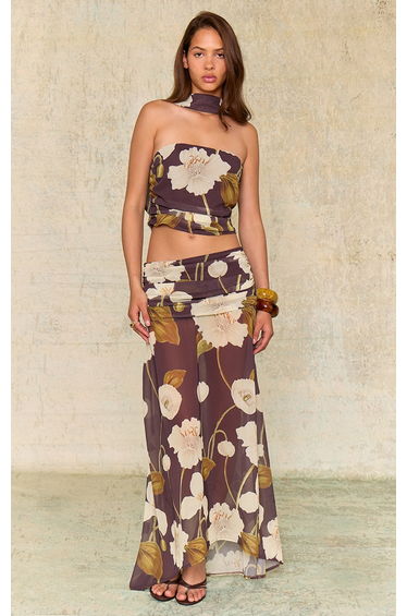Dark Chocolate Floral Printed Chiffon Scarf Detail Ruched Bandeau Top