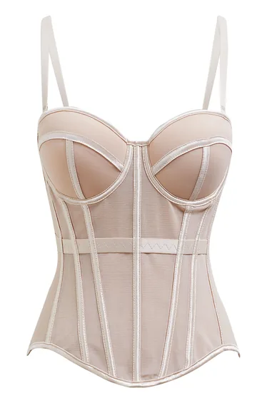 Structured Seam Paneled Mesh Corset Top in Apricot