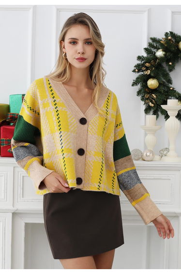 Chromatic Sleeve Button Down Crop Knit Cardigan in Yellow