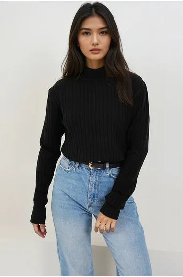 Women's Black Mock Neck Knitwear Sweater