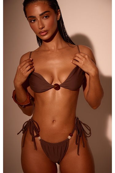 Chocolate Bead Trim Ruched Cup Bikini Top