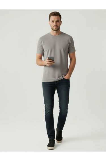 Men Grey Cotton Crew Neck T-Shirt