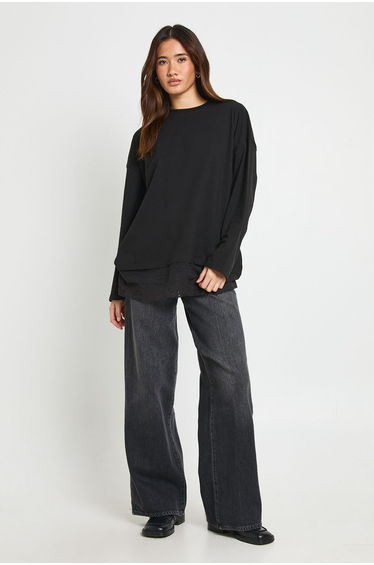 Long Sleeve T-shirt with Lace Hem Trim - black